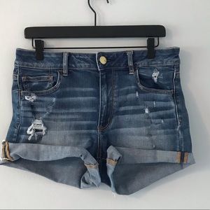 AEO ripped dark wash super stretch shorts